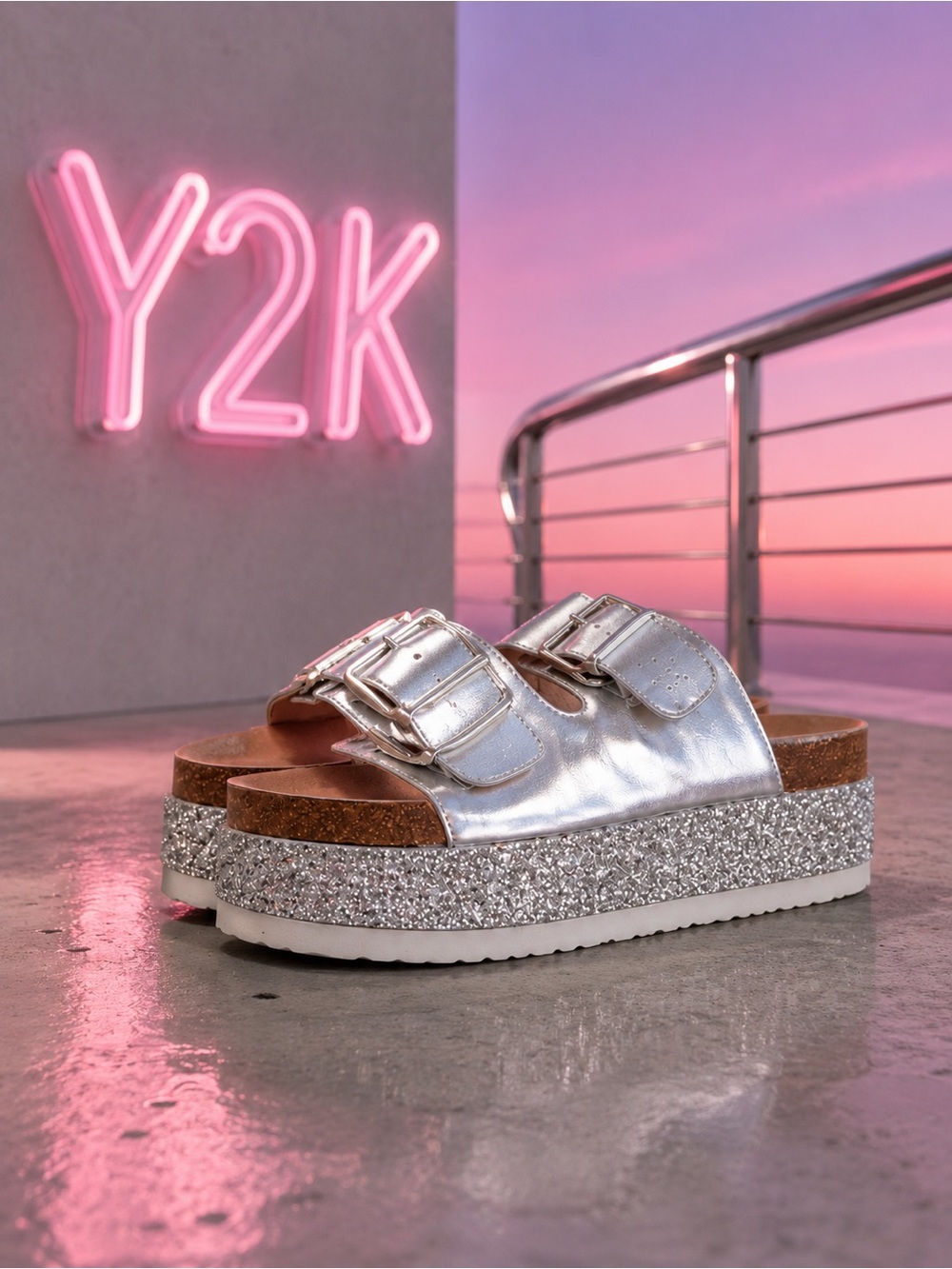 Shelly’s of London Hawaii Silver Metallic Leather Glitter Slide On Sandals 6.5